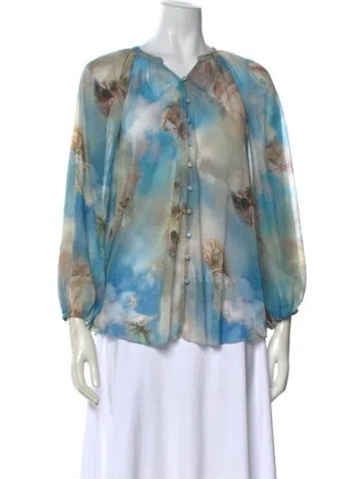 Pre-owned L'agence Printed V-neck Blouse In Blue