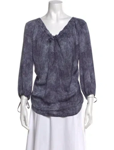 Pre-owned L'agence Printed V-neck Blouse In Blue