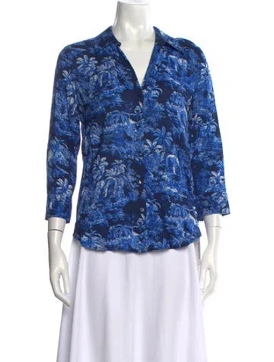 Pre-owned L'agence Printed V-neck Blouse In Blue