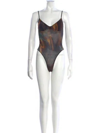 Pre-owned L'agence Printed V-neck Bodysuit In White