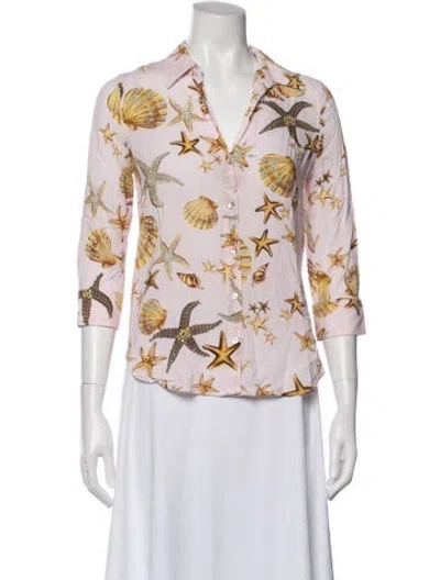 Pre-owned L'agence Printed V-neck Button-up Top In Pink