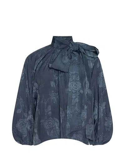 L'agence Rhett Floral Print Blouson Sleeve Shirt In Blue