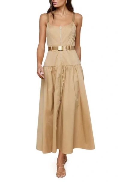 L'agence Rima Belted Front Zip Midi Dress In Brown