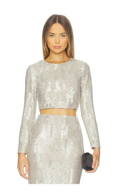L'agence Rogan Crop Sequin Long Sleeve Top In Silver