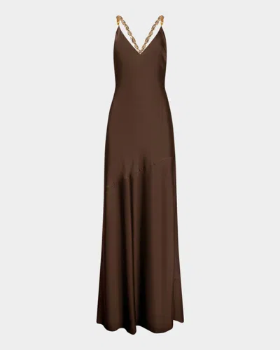 L'agence Saint Satin Crystal-strap Gown In Brown