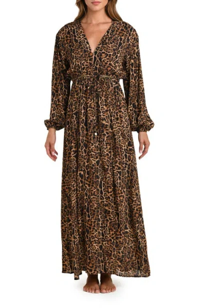 L'agence Sara Leopard Print Long Sleeve Chiffon Cover-up Maxi Dress In Brown