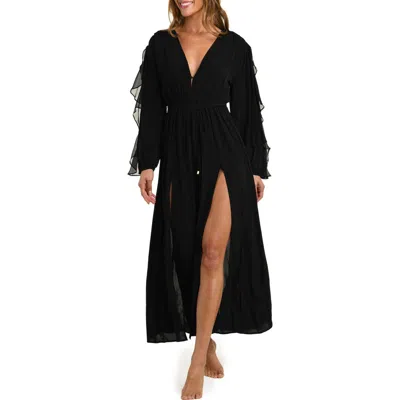 L'agence Sara Ruffle Long Sleeve Chiffon Cover-up Maxi Dress In Black