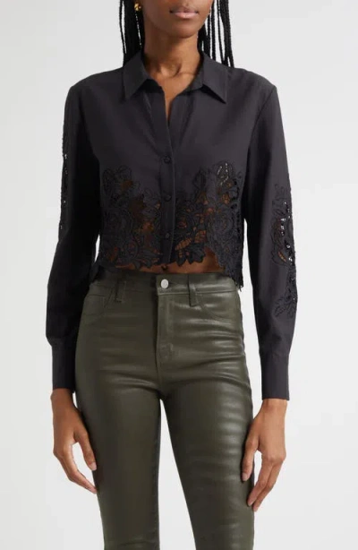 L'agence Seychelle Cutwork Crop Button-up Shirt In Black