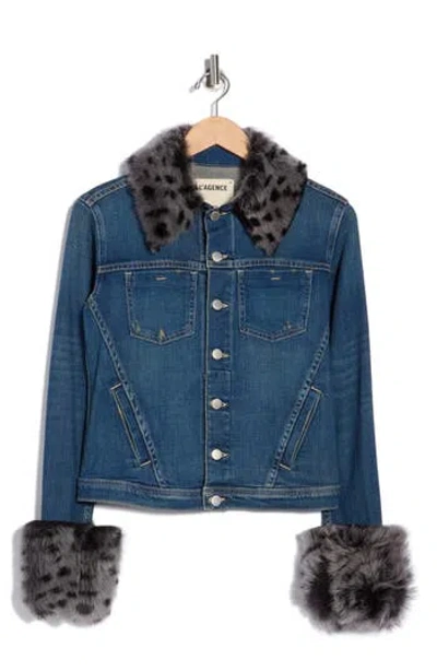 L'agence Shea Genuine Shearling Trim Denim Jacket In Blue