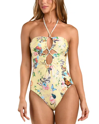 L'agence Shiva Garden Butterflies Bandeau One Piece Swimsuit In Yellow