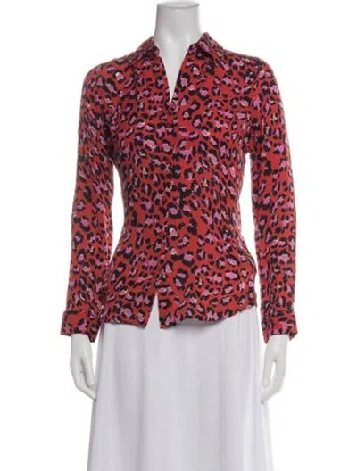 Pre-owned L'agence Silk Animal Print Button-up Top In Red