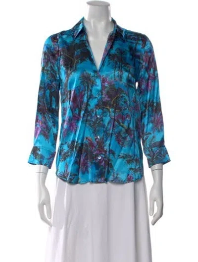 Pre-owned L'agence Silk Graphic Print Button-up Top In Blue