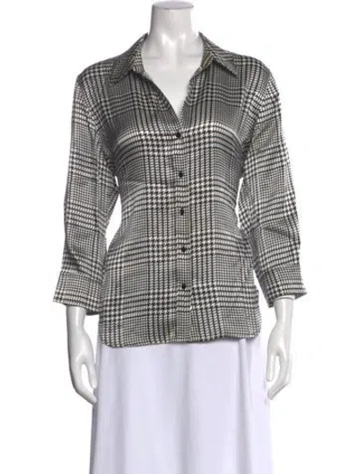 Pre-owned L'agence Silk Houndstooth Print Button-up Top In Black