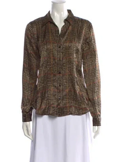 Pre-owned L'agence Silk Plaid Print Blouse In Brown