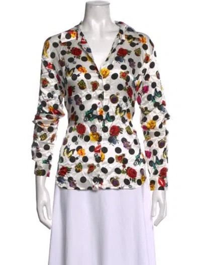 Pre-owned L'agence Silk Polka Dot Print Button-up Top In White