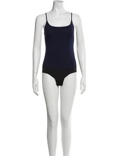 Pre-owned L'agence Silk Square Neckline Bodysuit In Black/blue