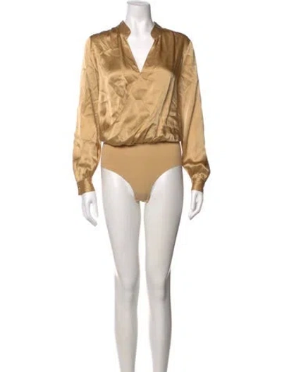 Pre-owned L'agence Silk V-neck Bodysuit In Gold