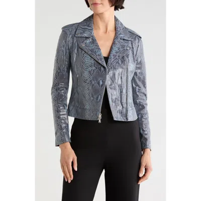 L'agence Snakeskin Printed Leather Biker Jacket In Blue Snake