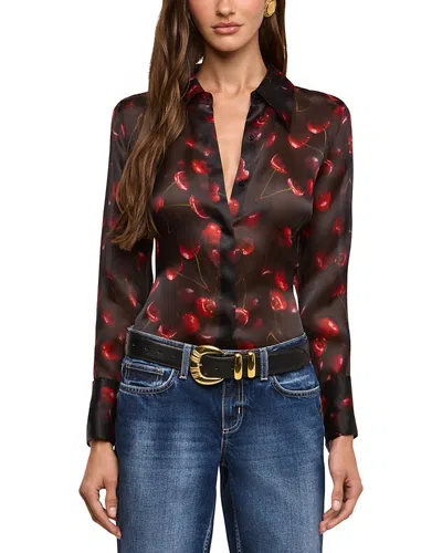 L'agence Sona Cherry Print Sheer Silk Blouse In Black
