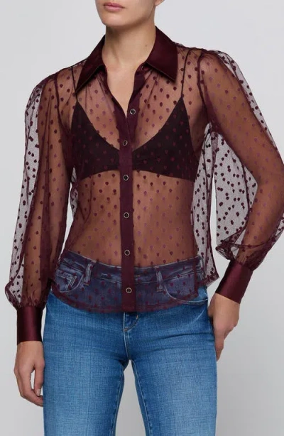 L'agence Sophie Swiss Dot Sheer Mesh Button-up Shirt In Burgundy