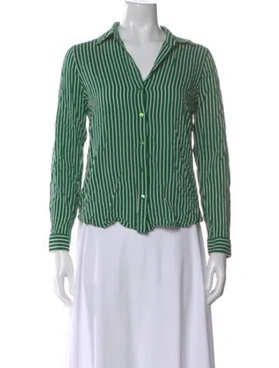 Pre-owned L'agence Striped V-neck Button-up Top In Green