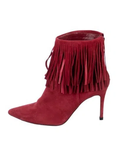 Pre-owned L'agence Suede Fringe Trim Accent Western Boots In Red