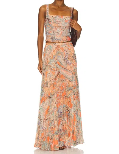 L'agence Torin Pleated Maxi Skirt In Orange & Blue Paisley In Gold