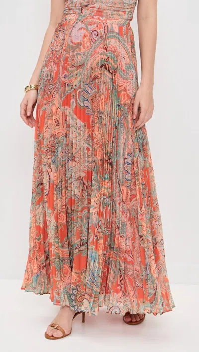 L'AGENCE TORIN PLEATED MAXI SKIRT IN ORANGE/LIGHT BLUE PAISLEY