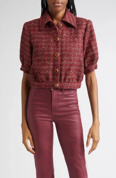 L'agence Tweed Check Puff Sleeve Jacket In Burgundy