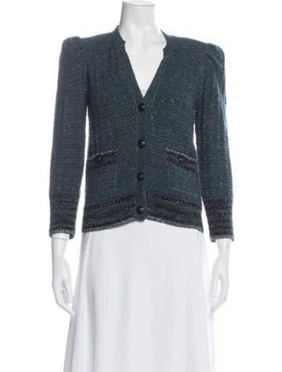 Pre-owned L'agence Tweed Pattern V-neck Sweater In Blue