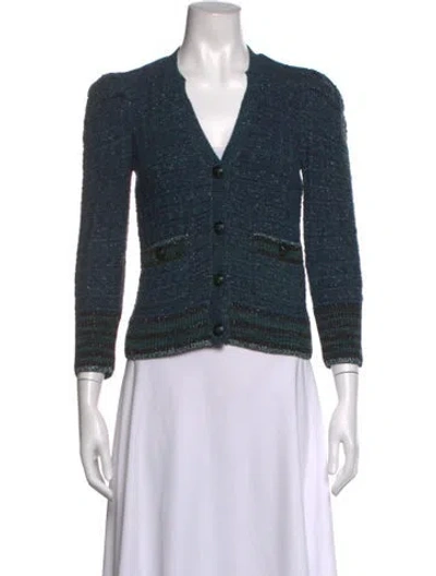 Pre-owned L'agence Tweed Pattern V-neck Sweater In Green