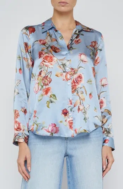 L'agence Tyler Floral Print Silk Button-up Shirt In Blue
