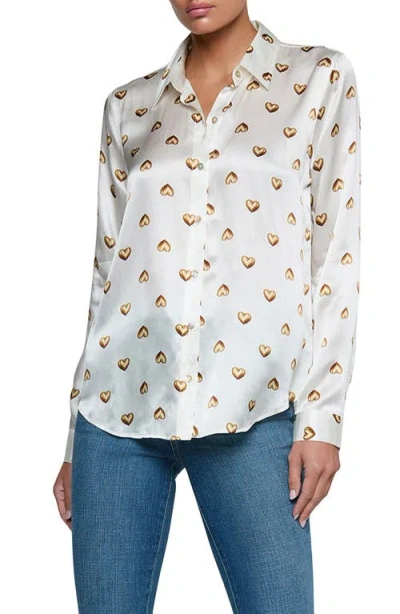 L'agence Tyler Heart Print Silk Button-up Shirt In Neutral