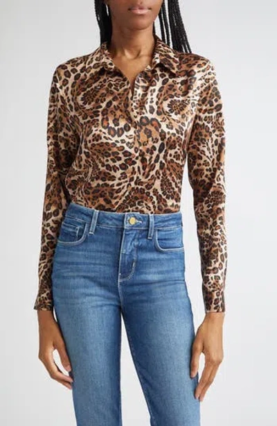 L'agence Tyler Leopard Print Silk Button-up Shirt In Brown
