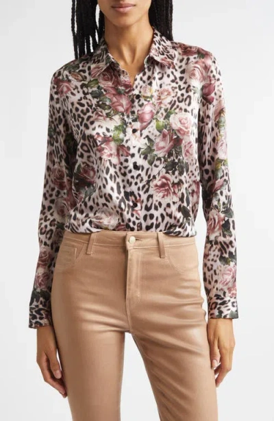 L'agence Tyler Leopard Rose Print Silk Button-up Shirt In Pink
