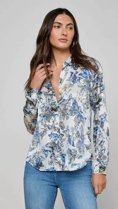 L'agence Tyler Silk Blouse In Grey Multi Watercolor Butterfly In Blue