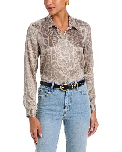 L'agence Tyler Silk Printed Split Neck Blouse In Gray