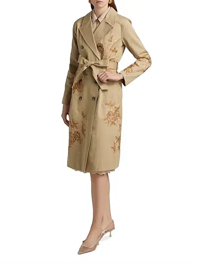 L'agence Venus Floral-embroidered Double-breasted Trench Coat In Tan Khaki Ecru In Green