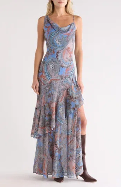 L'agence Viola Asymmetric Tiered Silk Gown In Periwinkle