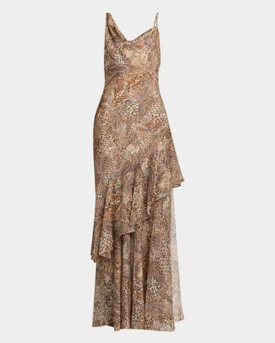 L'AGENCE VIOLA LEOPARD PAISLEY SILK CHIFFON GOWN