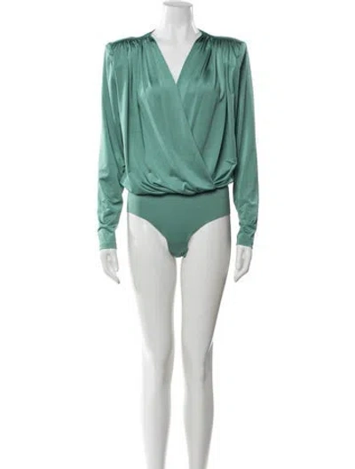 Pre-owned L'agence V-neck Long Sleeve Bodysuit In Green