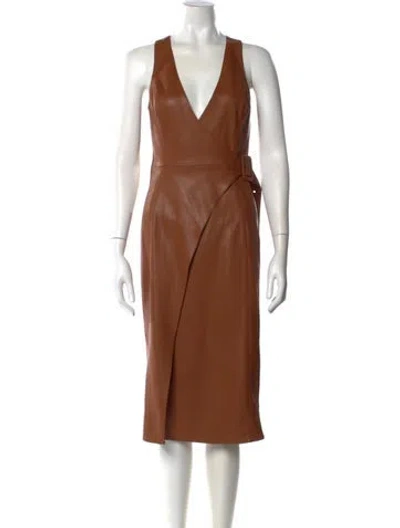 Pre-owned L'agence V-neck Midi Length Dress In Brown