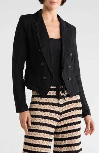 L'agence Wayne Double Breasted Linen Crop Blazer In Black