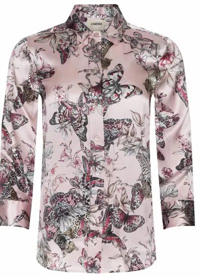 L'agence Dani Butterfly Print Three-quarter Sleeve Silk Button-up Shirt In Light Nectar Pink Butterfly