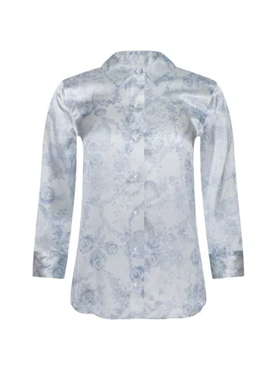 L'agence Dani Lace Print Three-quarter Sleeve Silk Button-up Shirt In Blue