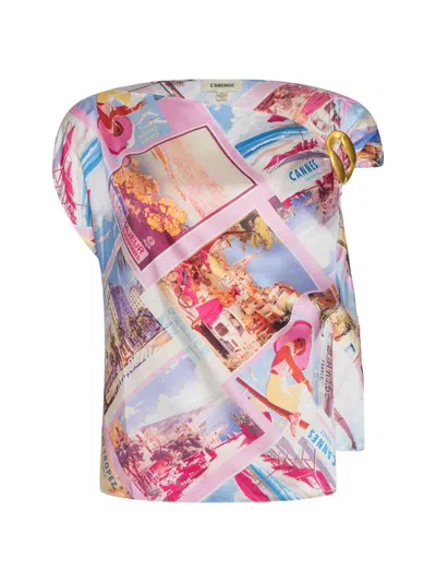 L'agence Driselle Scarf Top In Light Pink Multi Large Postcard Print