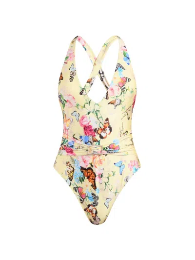 L'agence Women's Lisa Garden Butterflies Plunge One-piece Swimsuit In Denim