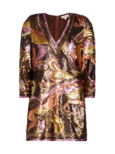 L'agence Women's Octavia Sequined V-neck Shift Minidress In Brown Pink Large Paisley