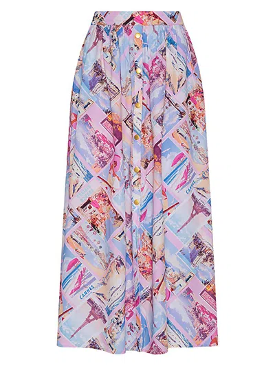 L'agence Women's Seina Postage Print Button-front Midi-skirt In Purple