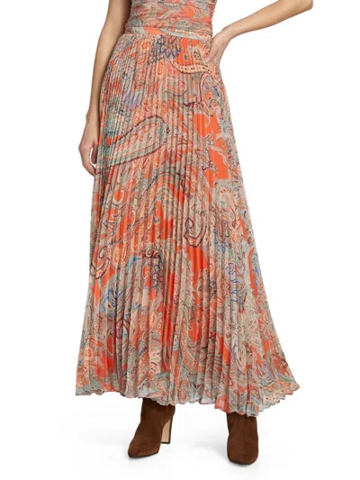 L'agence Torin Pleated Maxi Skirt In Orange Paisley